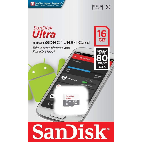 SanDisk Ultra 16 GB UHS-I Class 10 MicroSDHC  - SDSQUNS-016G-GN3MN